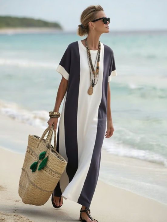 Women's Color-Block Print Round Neck Loose Midi Dress