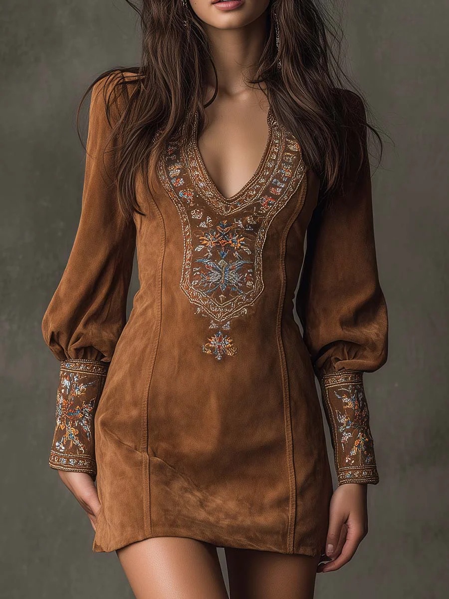 Women's Long Sleeve V-Neck Embroidered Bodycon Mini Dress