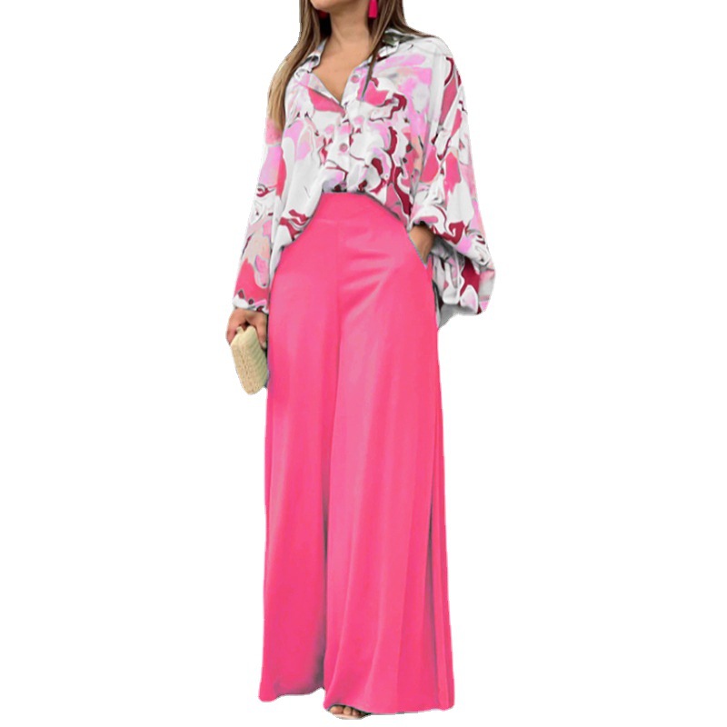 Women's Printed Shirt & Wide-Leg Pants Casual Set