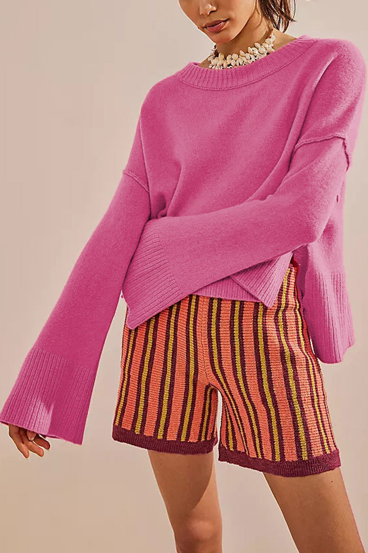 Solid Crewneck Bell Sleeve Knit Pullover Sweater