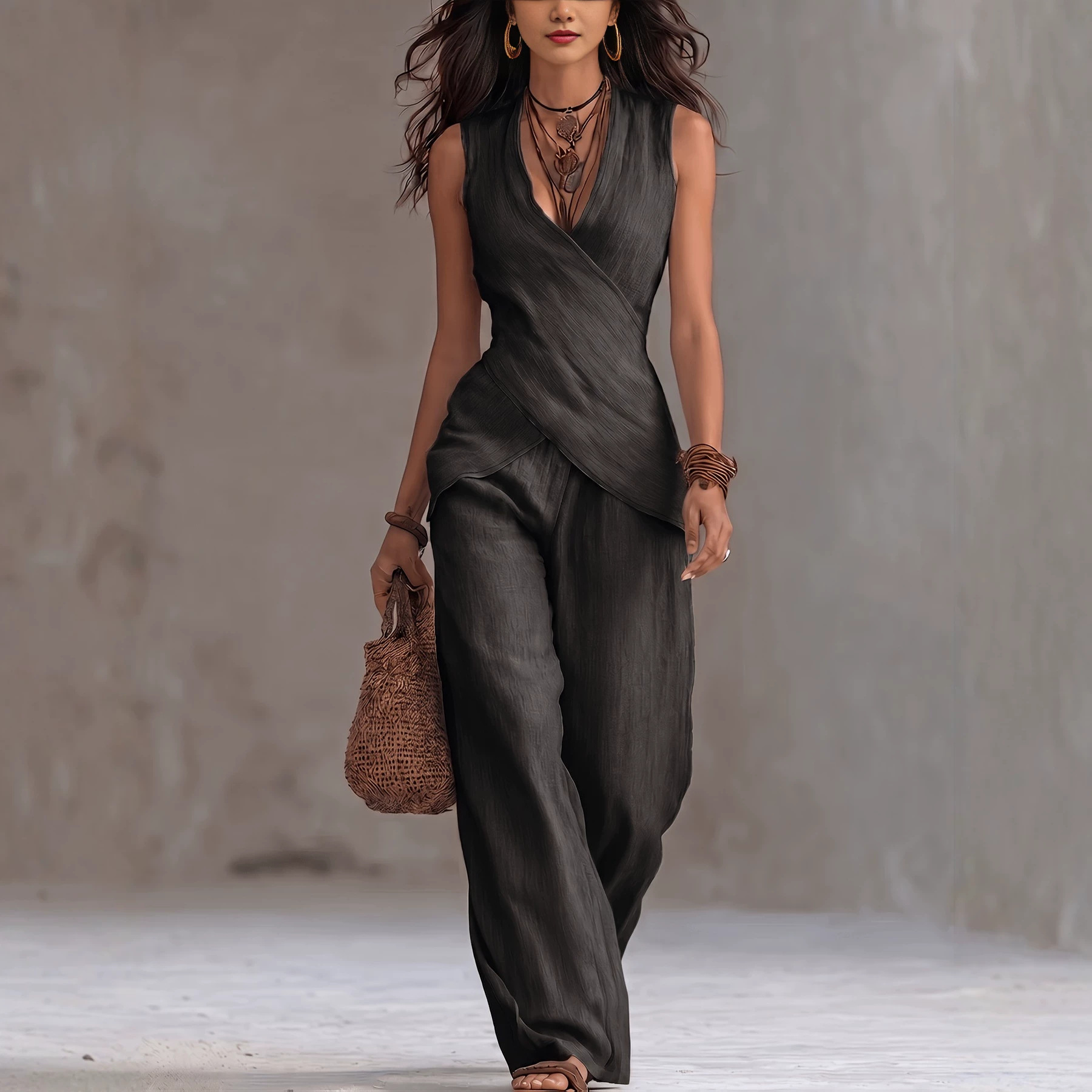 Linen-Blend Two-Piece Set Sleeveless V-Neck Top and Wide-Leg Pants