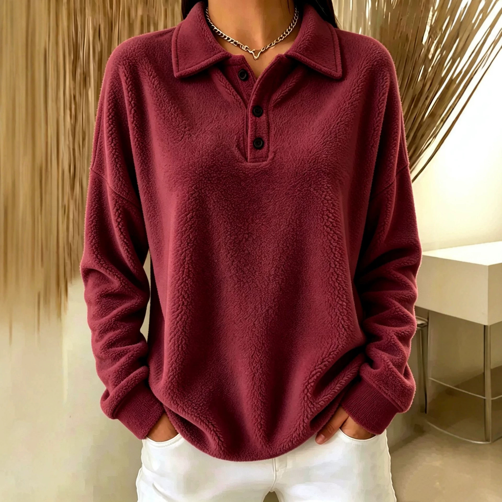 Fleece Buttoned Collar Long Sleeve Pullover Sweatshirt for Women