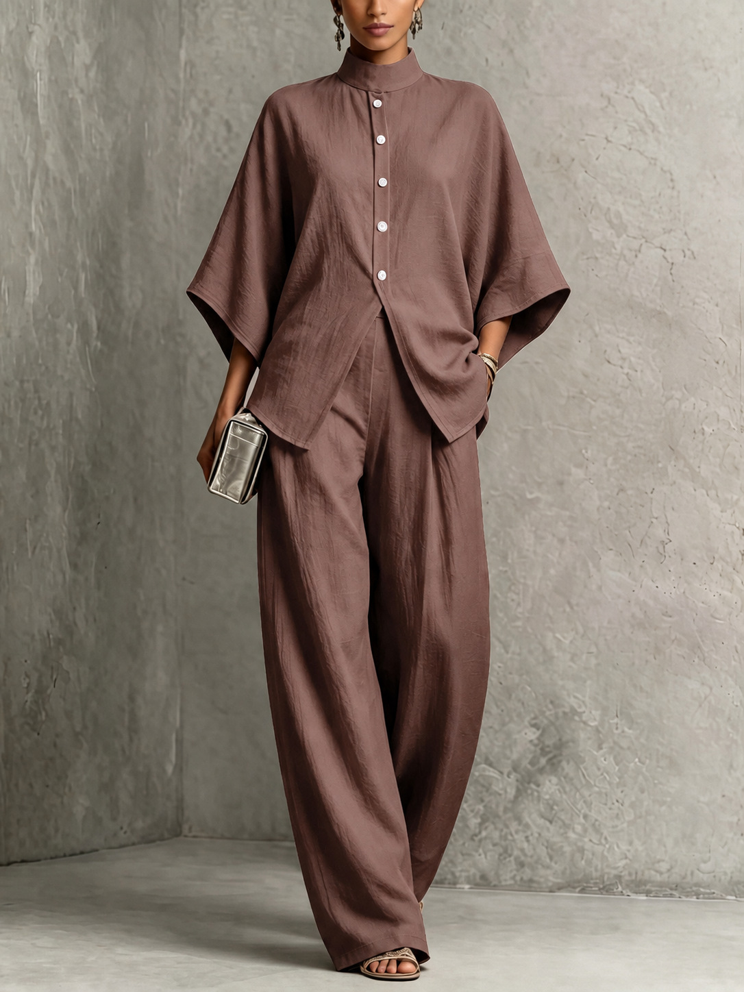 Women's Stand Collar Batwing Sleeve High Waist Wide Leg Two-Piece Set