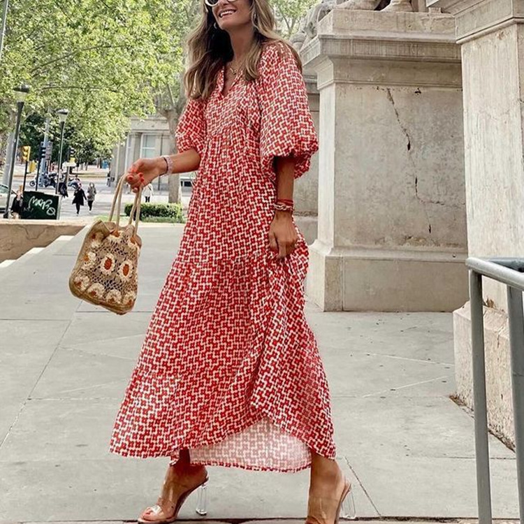 Geometric Print Puff Sleeve Maxi Dress with High Waist and Tie Detail