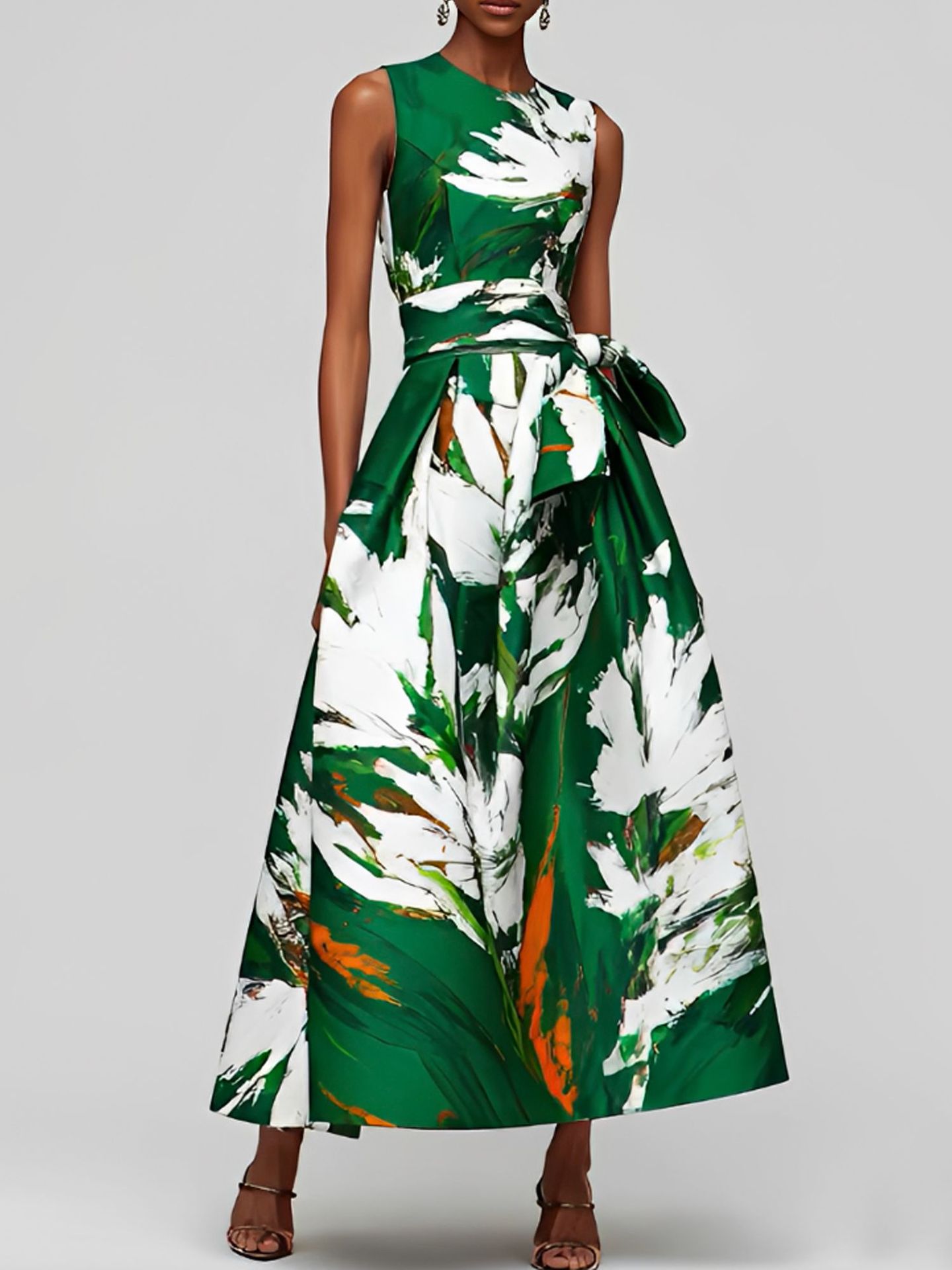 Elegant Floral Print Sleeveless Midi Dress with Round Neck and Waist Tie