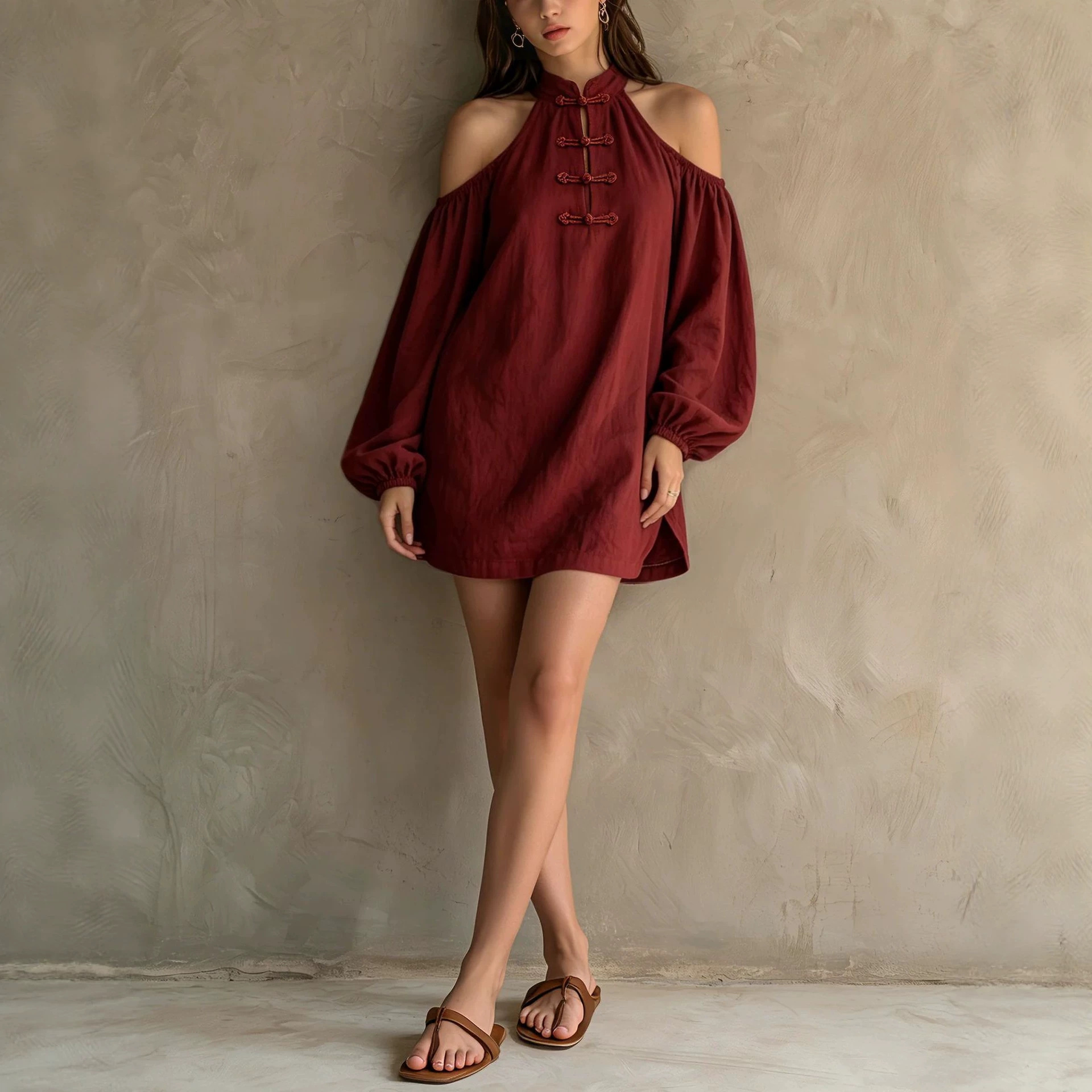 Women's Off-Shoulder Long Sleeve Solid Color Loose Cotton Linen Dress