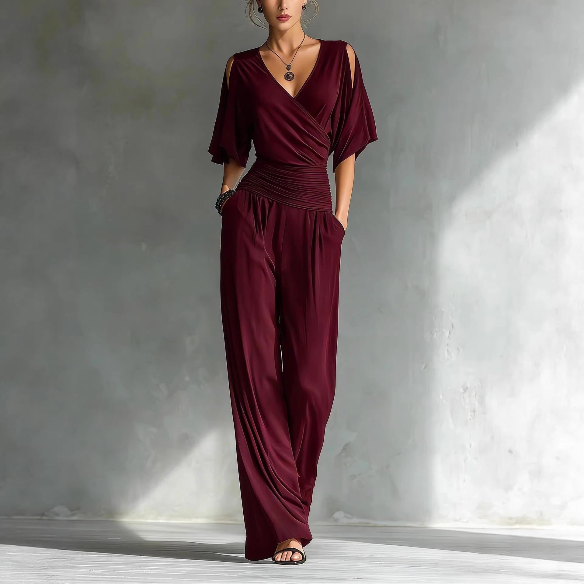 Women's Cold-Shoulder V-Neck Slim Jumpsuit
