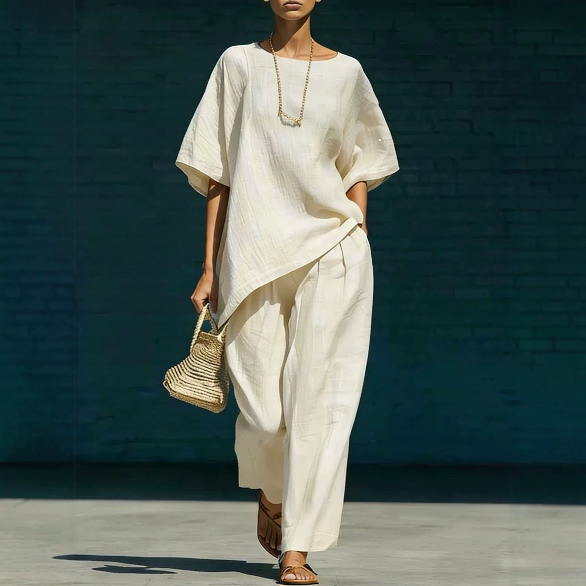 Women's Cotton-Linen Crew Neck Two-Piece Set Casual Urban Outfit