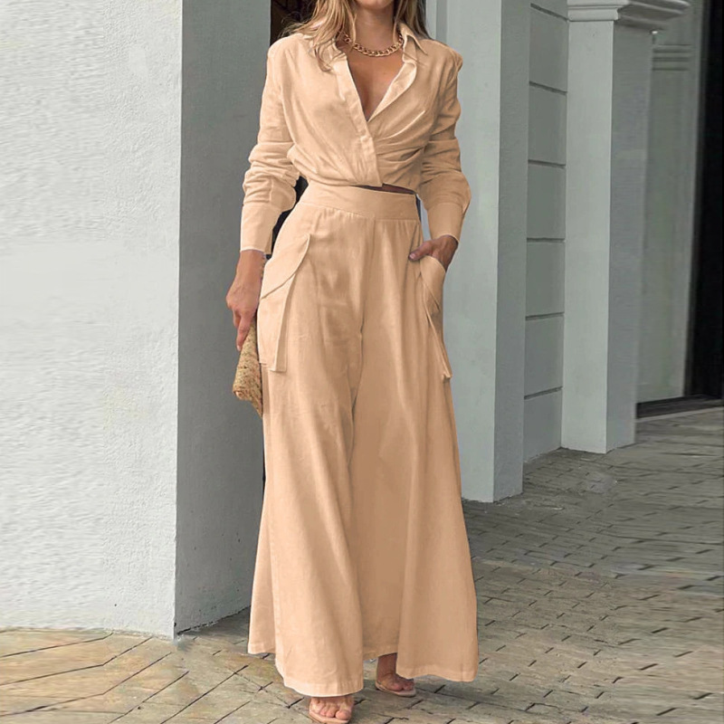 Women's Solid Color Lapel Slim Fit Two-Piece Pants Set