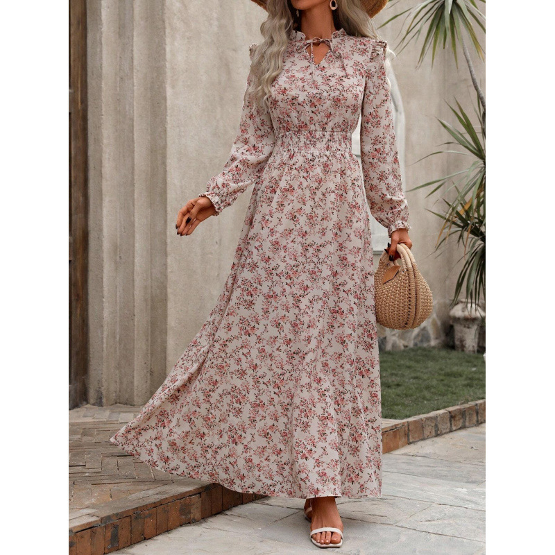 Floral Print Long Sleeve A-Line Maxi Dress with High Waist