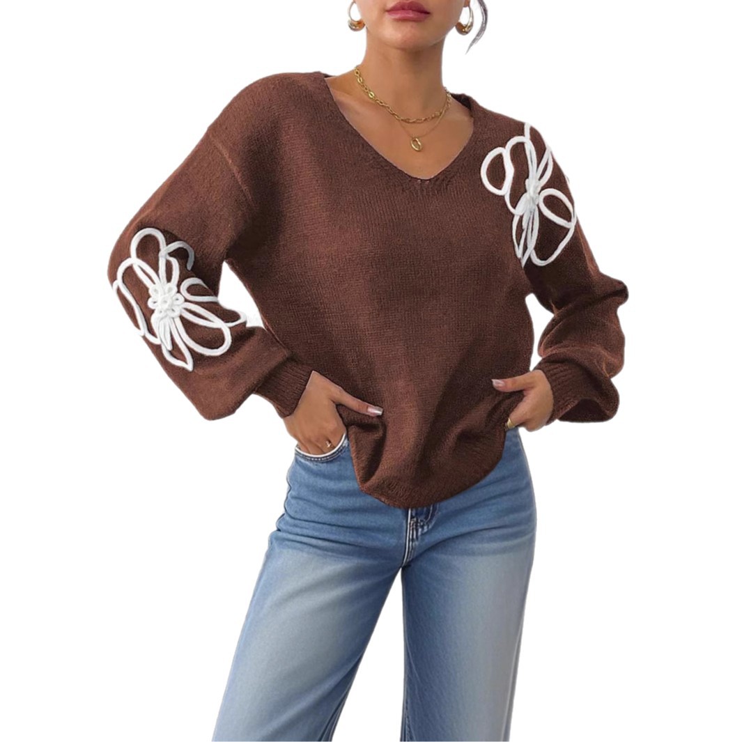 Women's Floral Ribbon Embroidered V-Neck Pullover Sweater