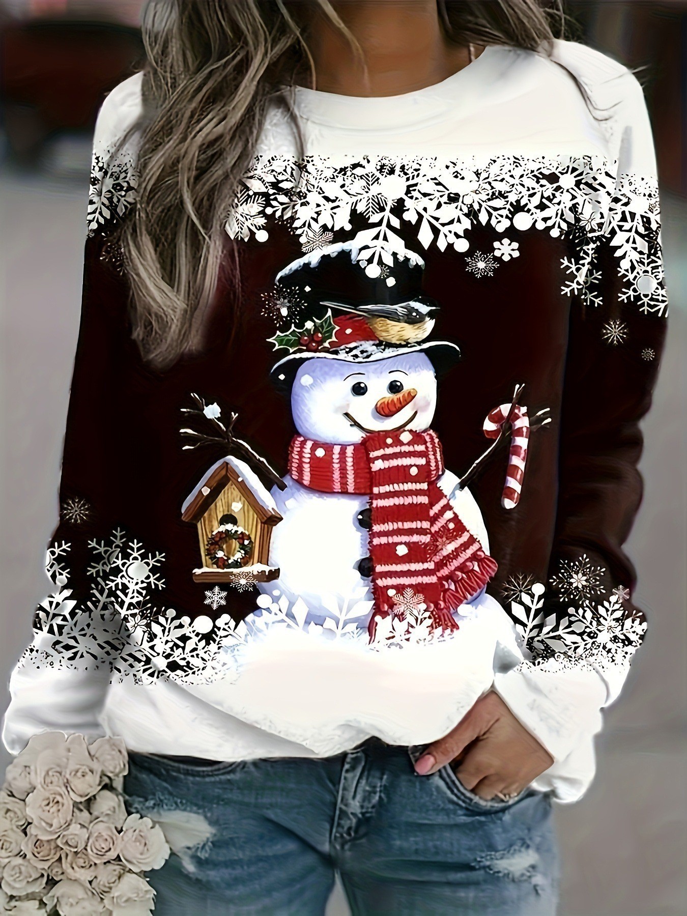 Women's Snowman Snowflake House Print Crewneck Sweatshirt