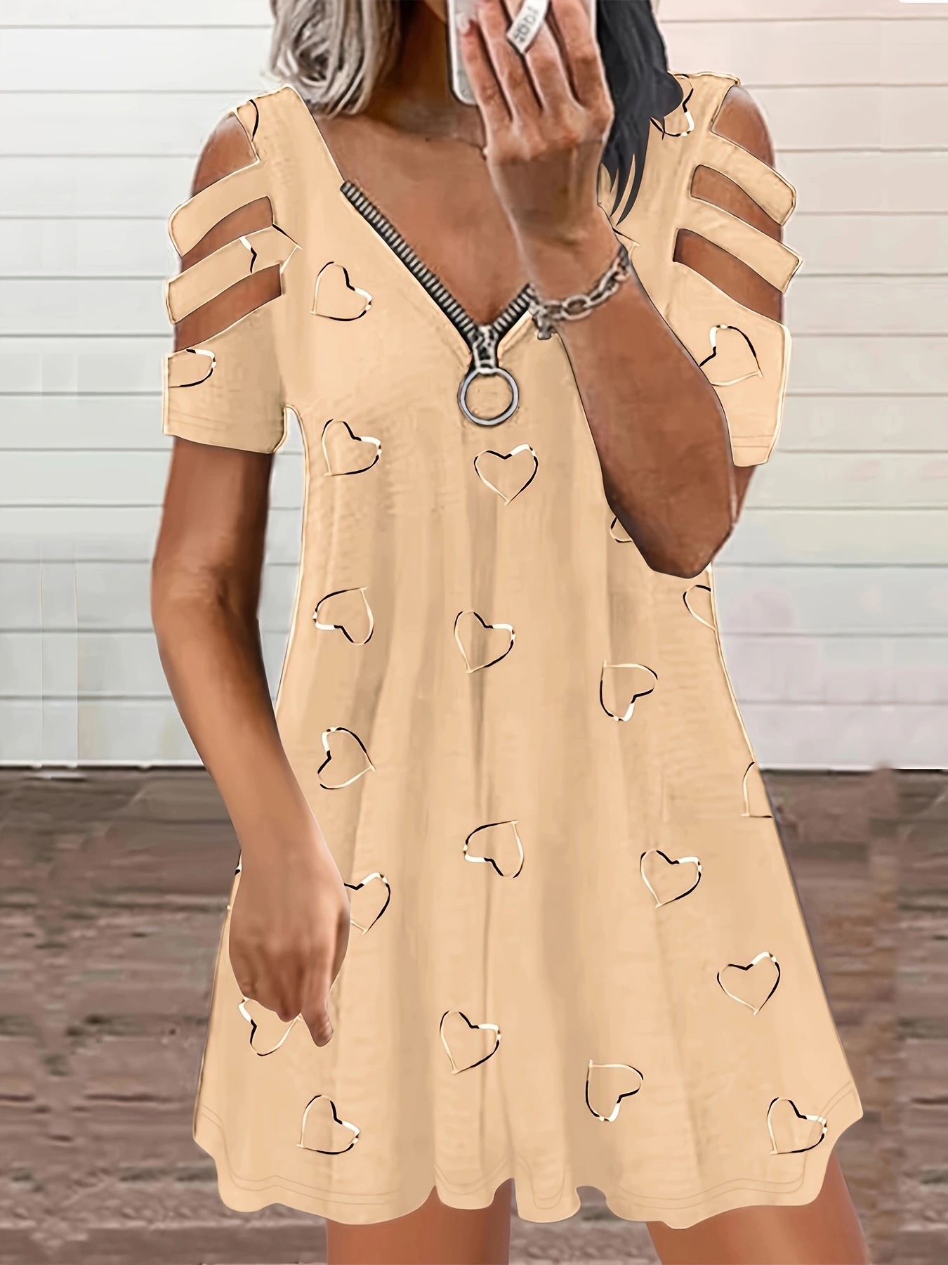 V-Neck Zip Short-Sleeve Printed Off-Shoulder Loose Casual Dress