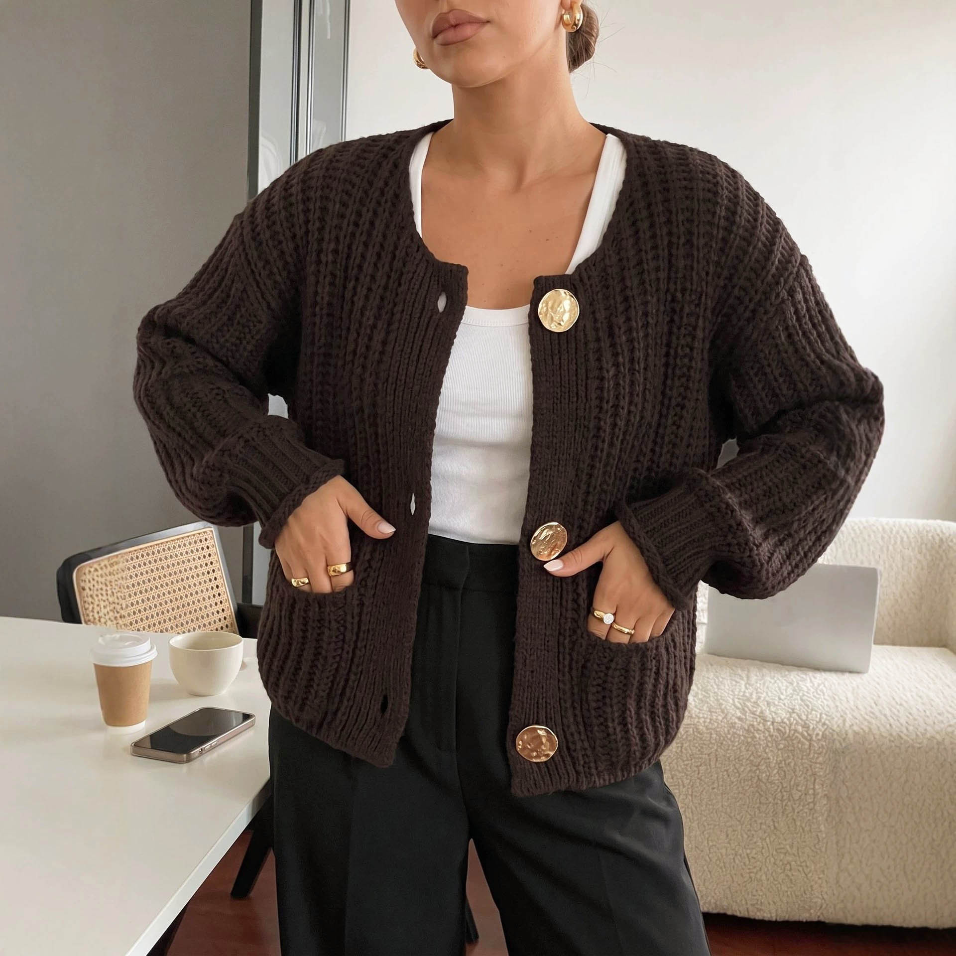 Women's Metal Button Round Neck Knit Cardigan Sweater Coat