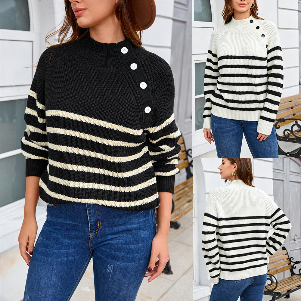 Striped Knit Pullover Sweater with Stand Collar Long Sleeve Loose Fit