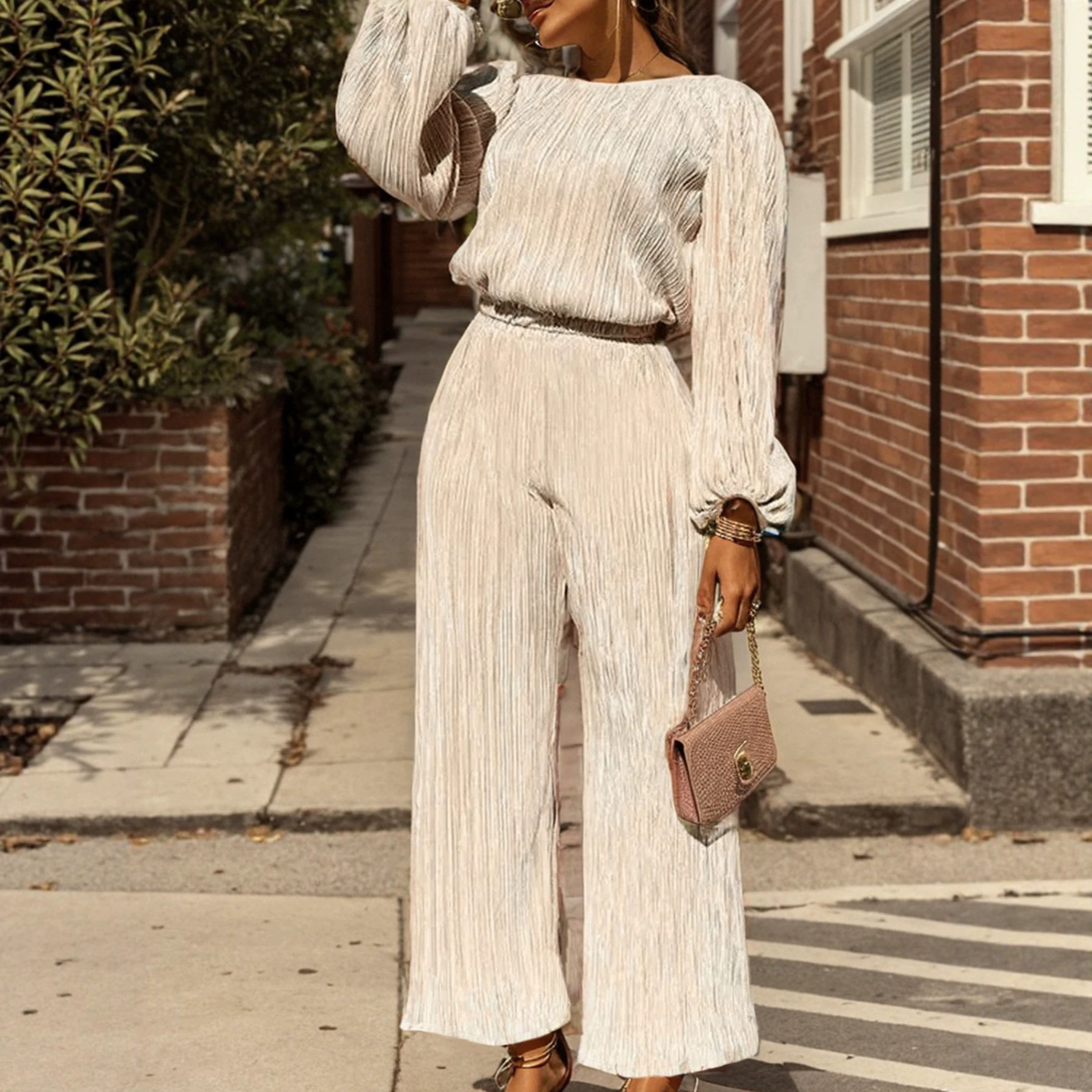 Women's Pleated Waist Straight-Leg Pants and Long-Sleeve Top Set