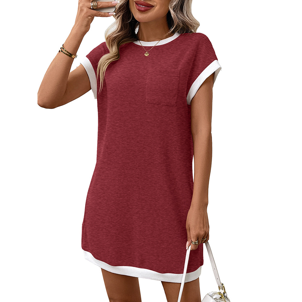 Women's Color-Block Short-Sleeve Pocket Dress Casual Crew Neck