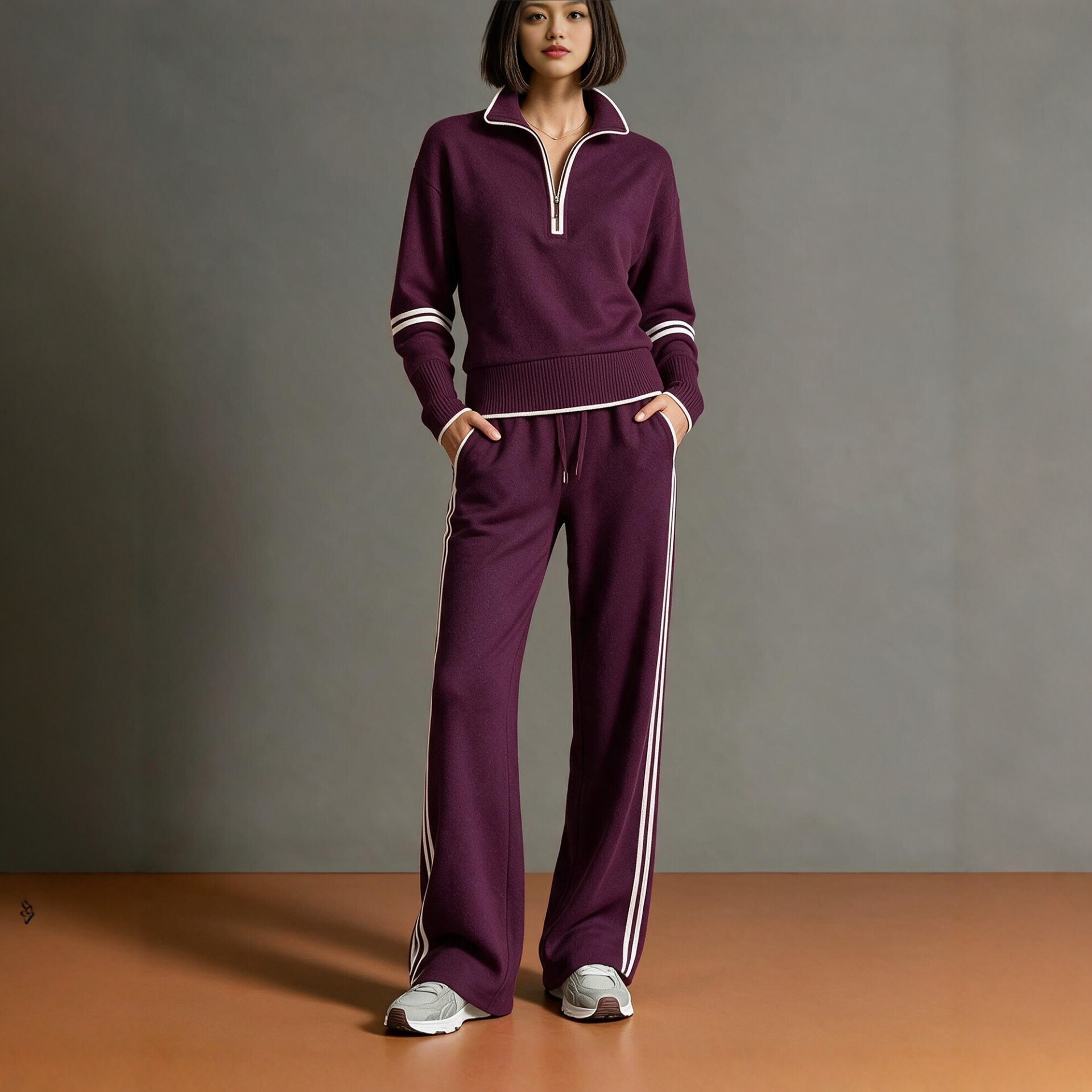 Colorblock Stand Collar Hoodie & Wide-Leg Pants Two-Piece Set