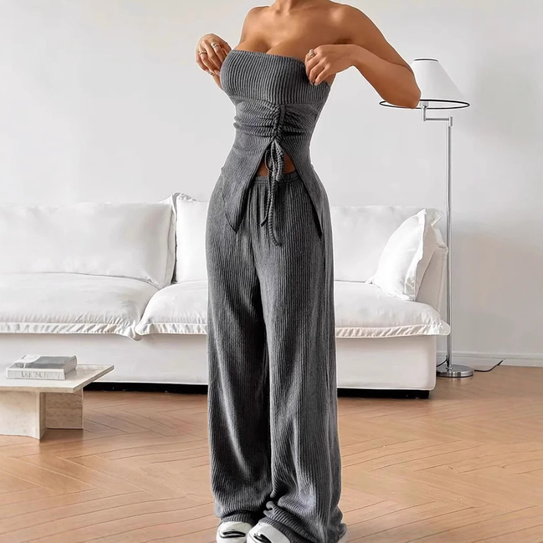 Women's Sexy Strapless Two-Piece Ribbed Set with Slit Top and Straight-Leg Pants