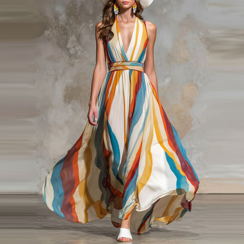 Wave Striped Sleeveless Deep V-Neck Off-Shoulder Long Dress