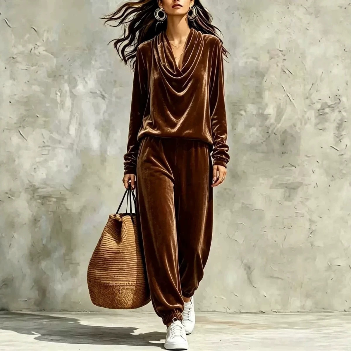 Women's Casual Cowl Neck Long Sleeve Top and Jogger Pants Set