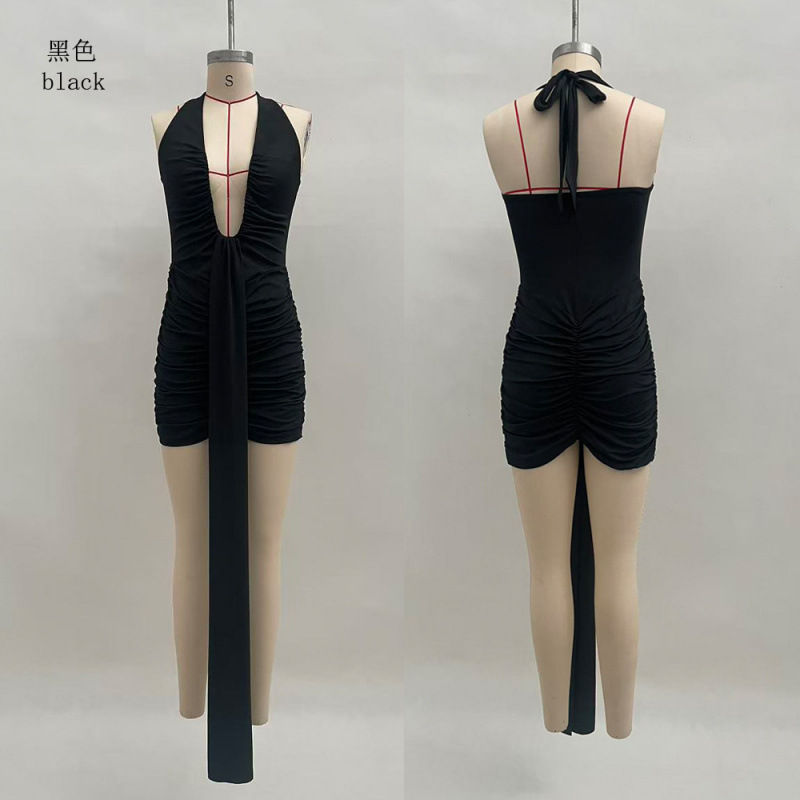 Women's Halter Deep V-Neck Backless Ruched Bodycon Mini Dress