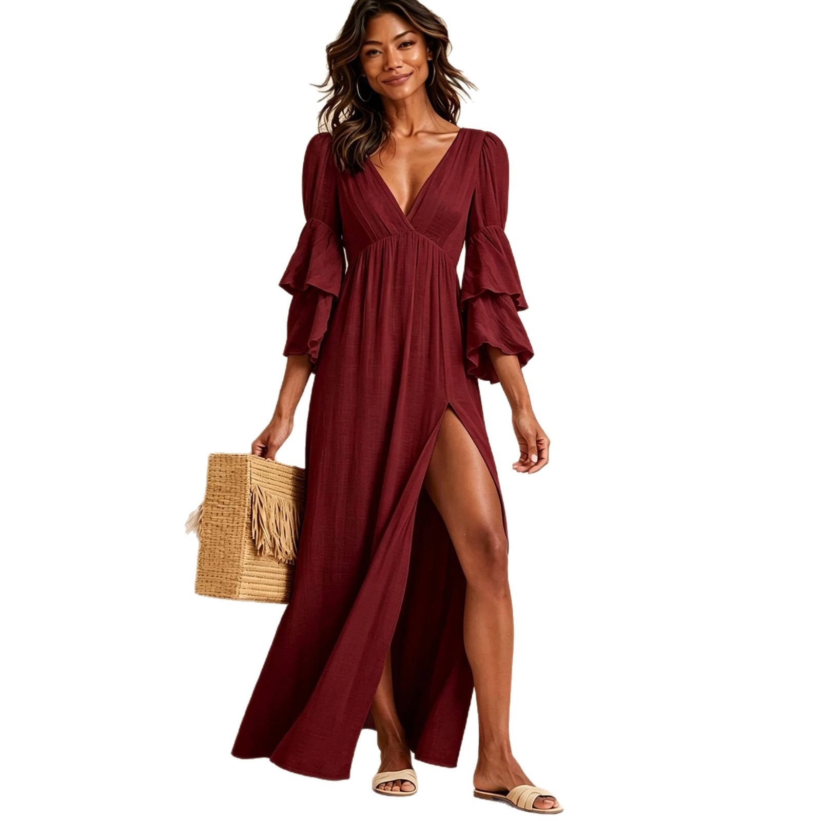 V-Neck Double-Layer Bell Sleeve Midi Dress with Slit