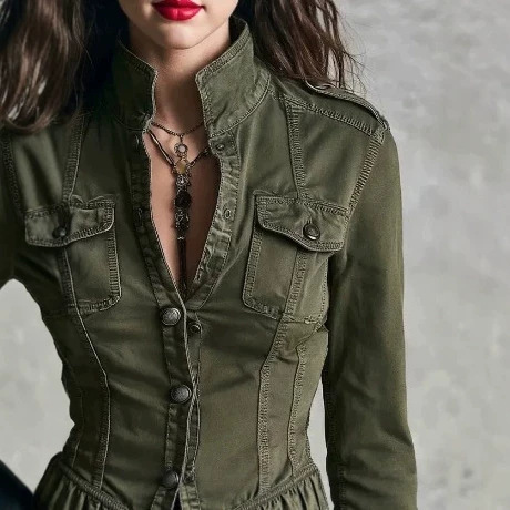 Vintage Washed Military Green Multi-Pocket Jacket