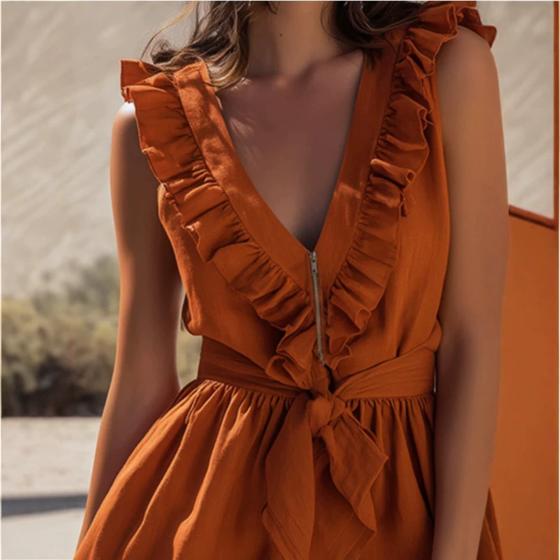 Vintage Orange Ruffle Sleeveless Cotton Linen Jumpsuit