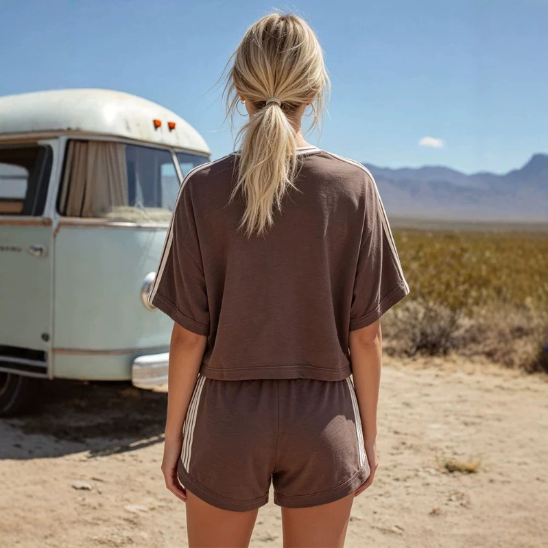Retro Color Block Striped Brown Short Sleeve Cotton T-Shirt and Shorts Set