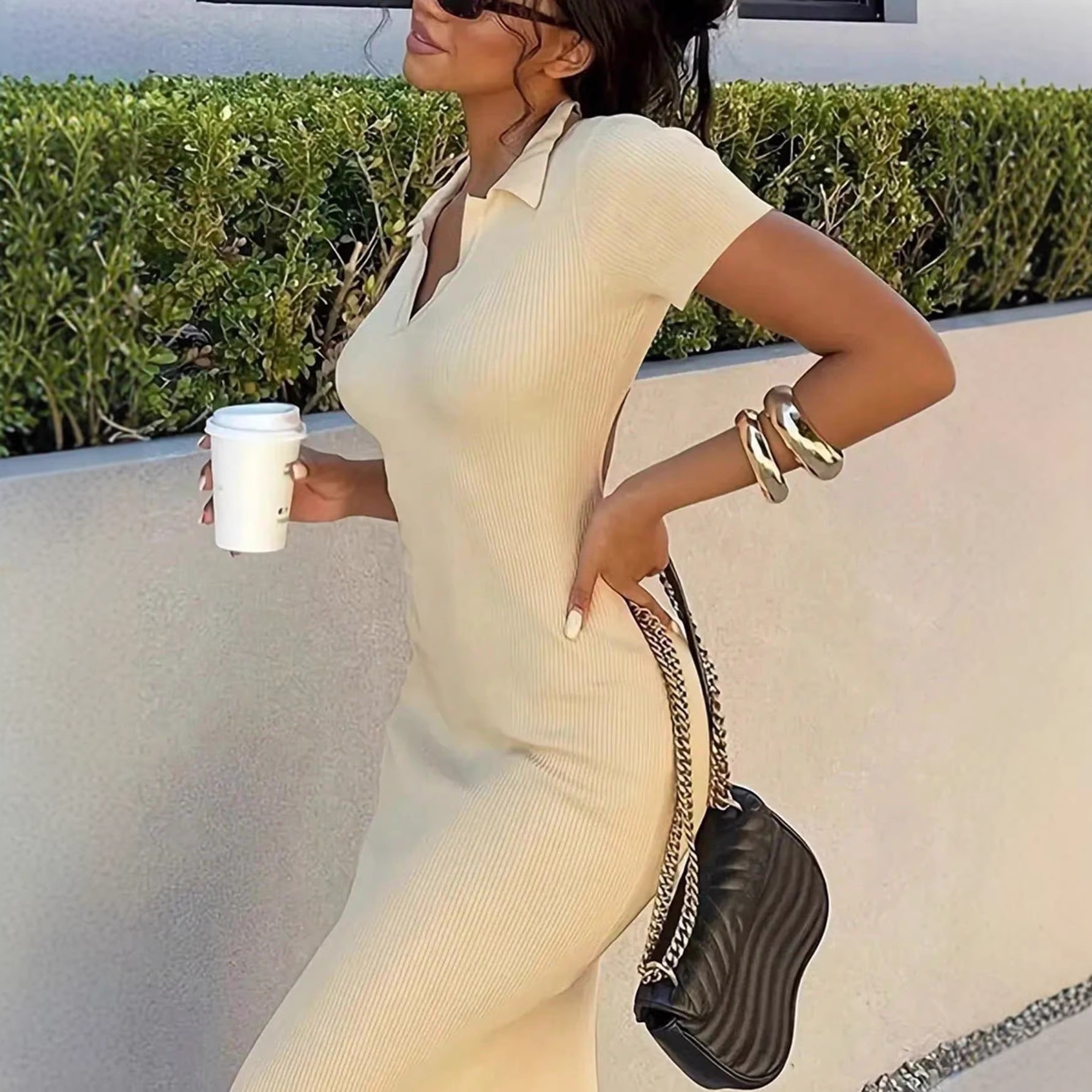 Solid V-Neck Short Sleeve Slim Fit Midi Dress
