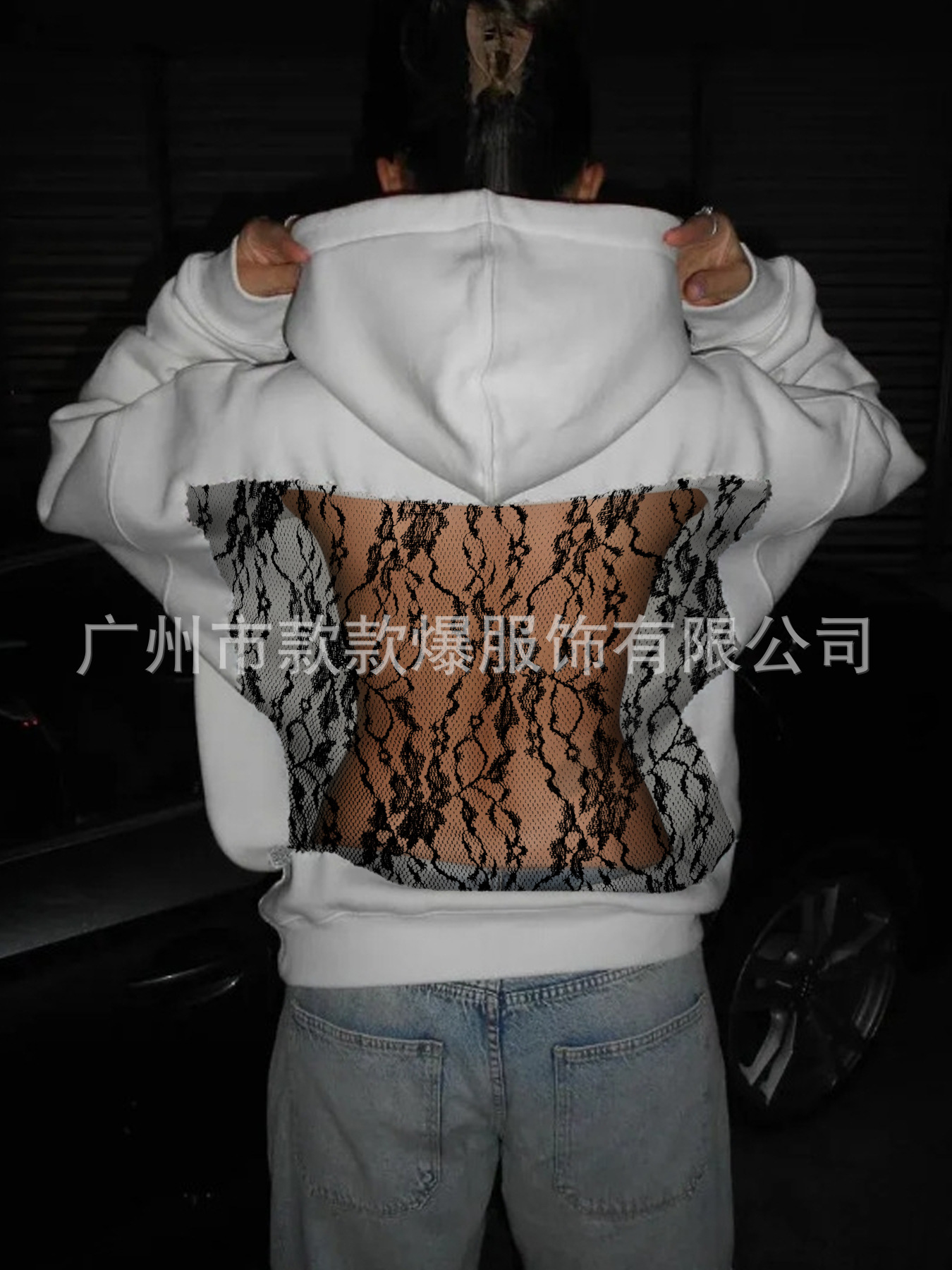 Women's Solid Color Hooded Long Sleeve Open Back Lace Hoodie