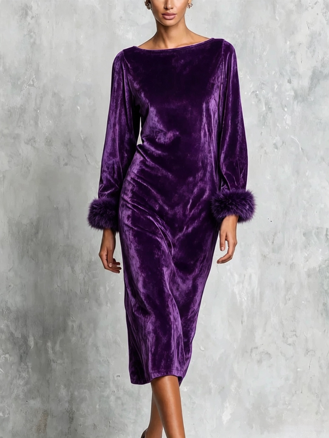 Women's Off-Shoulder Long Sleeve Faux Fur Cuff Long Dress