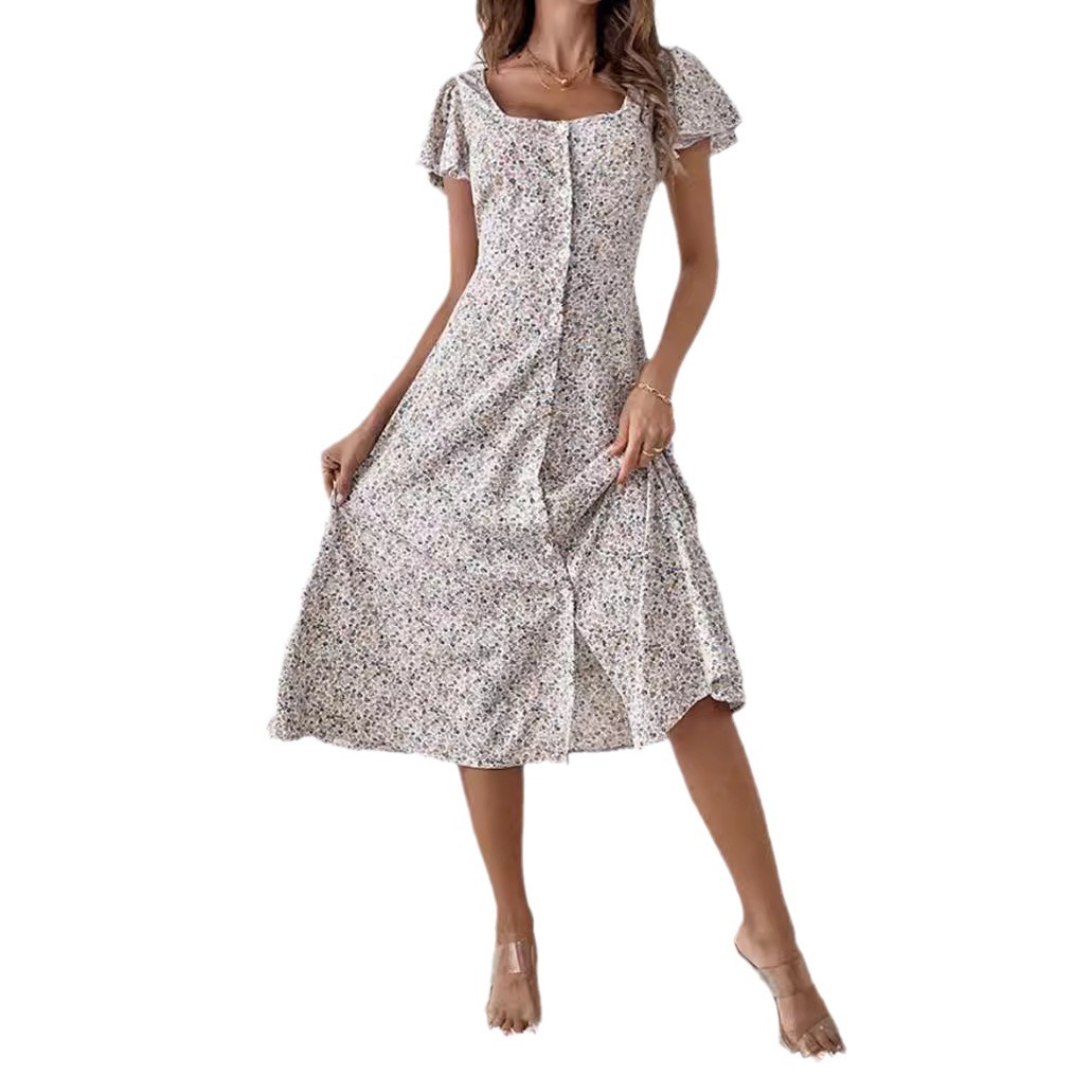 Floral Print Square Neck Short Sleeve Maxi Dress