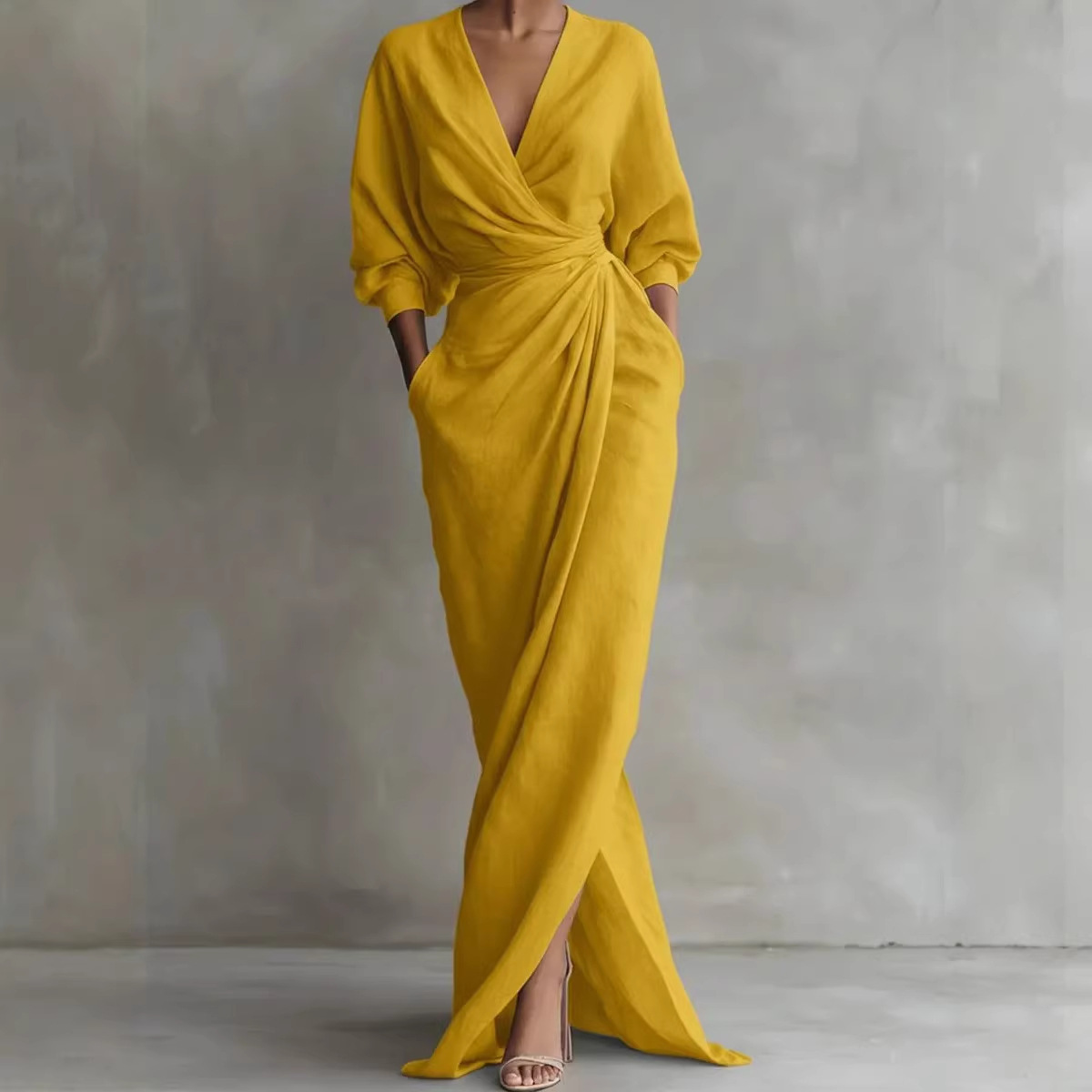Elegant Solid V-Neck Long Sleeve Split Waist Pocket Long Dress