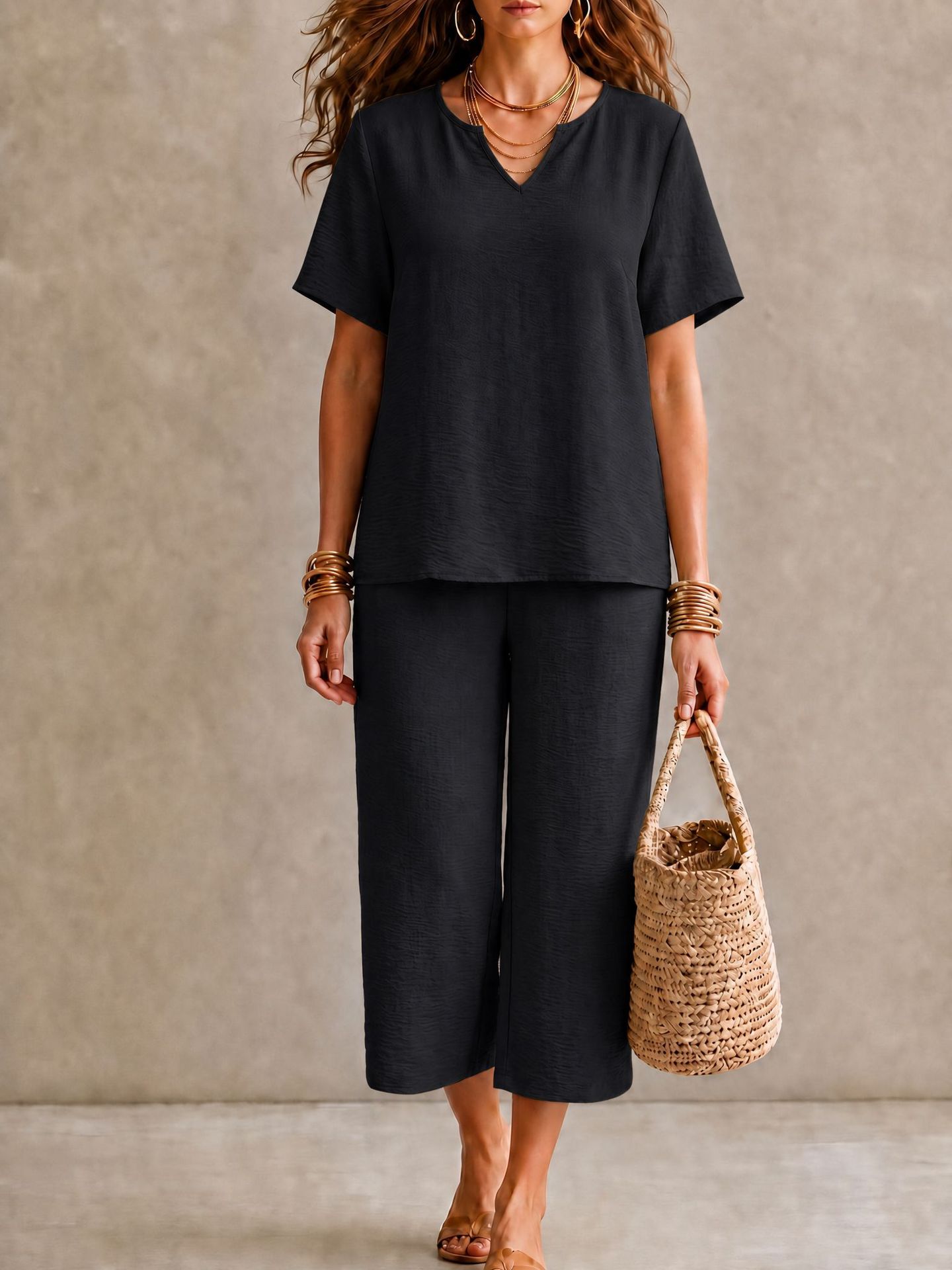 Women's Solid V-Neck Short Sleeve Shirt & Wide-Leg Pants Set with Elastic Waist