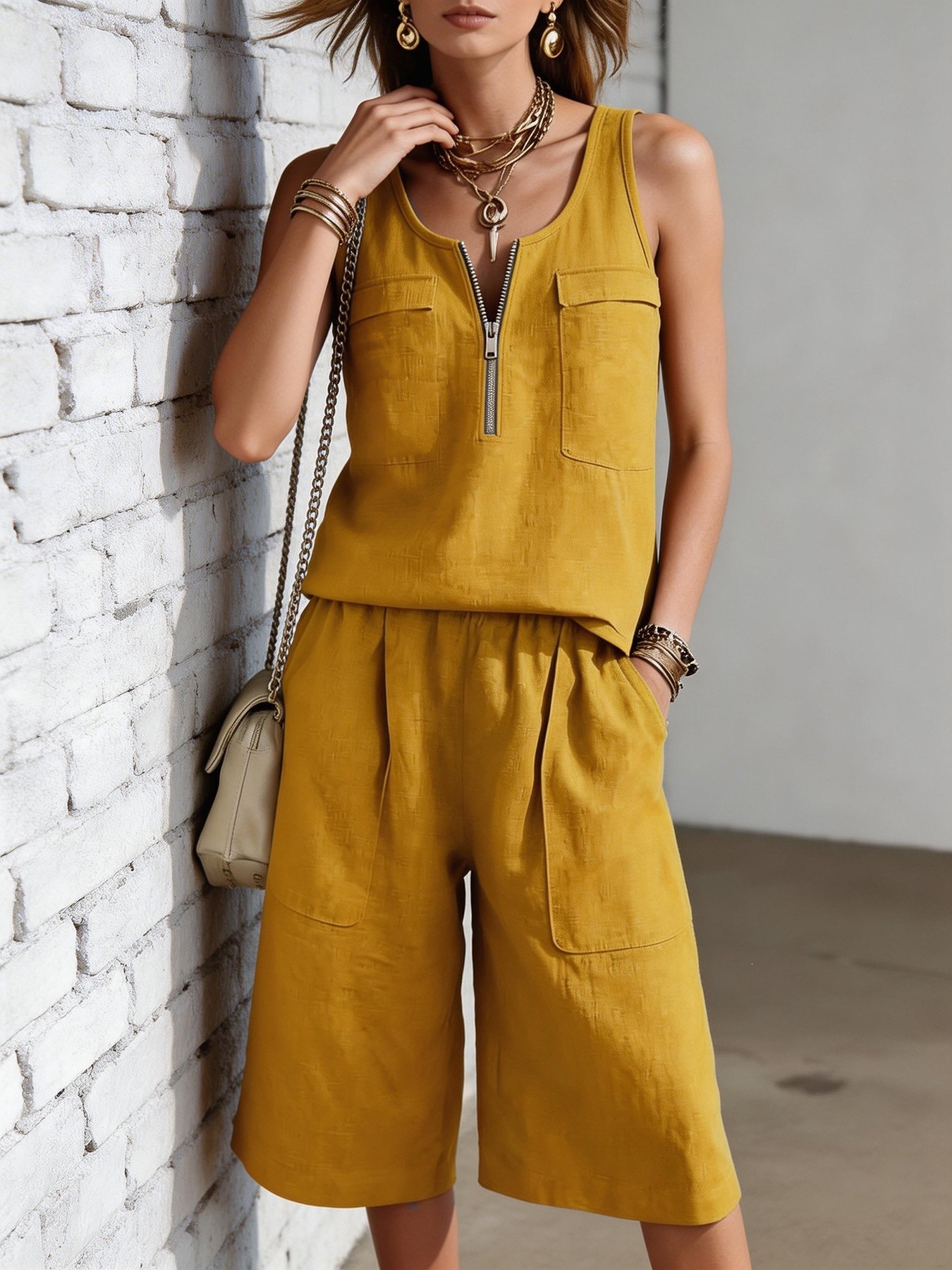 Women's Half-Zip Sleeveless Vest and Wide-Leg Capri Pants Set
