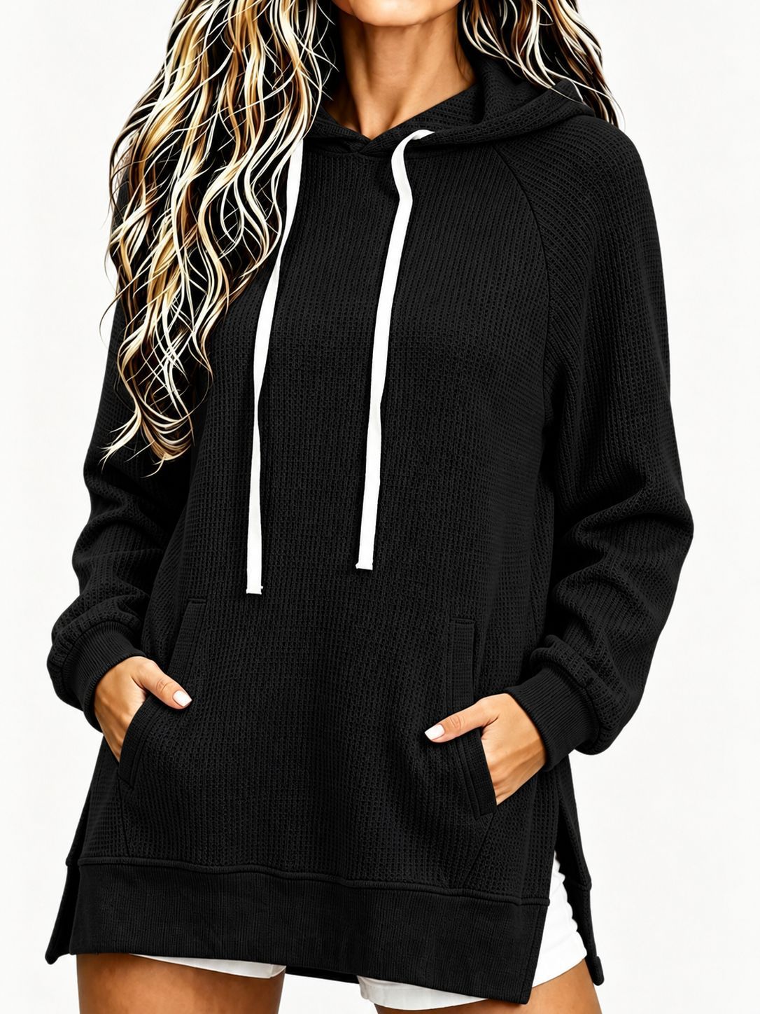 Women's Waffle Knit Hooded Sweatshirt Fall Winter New Loose Mid-Length Pullover with Pockets