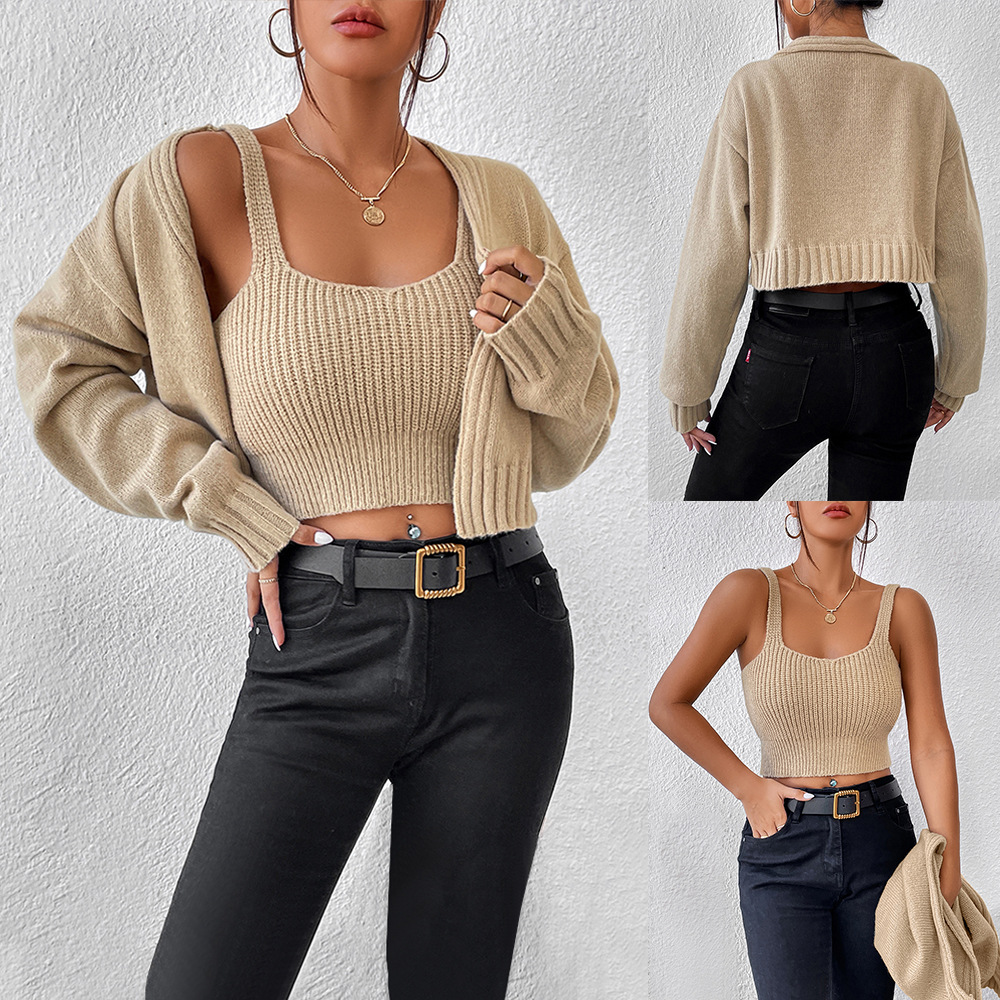 Cropped Acrylic Sweater Set with Cami and Cardigan