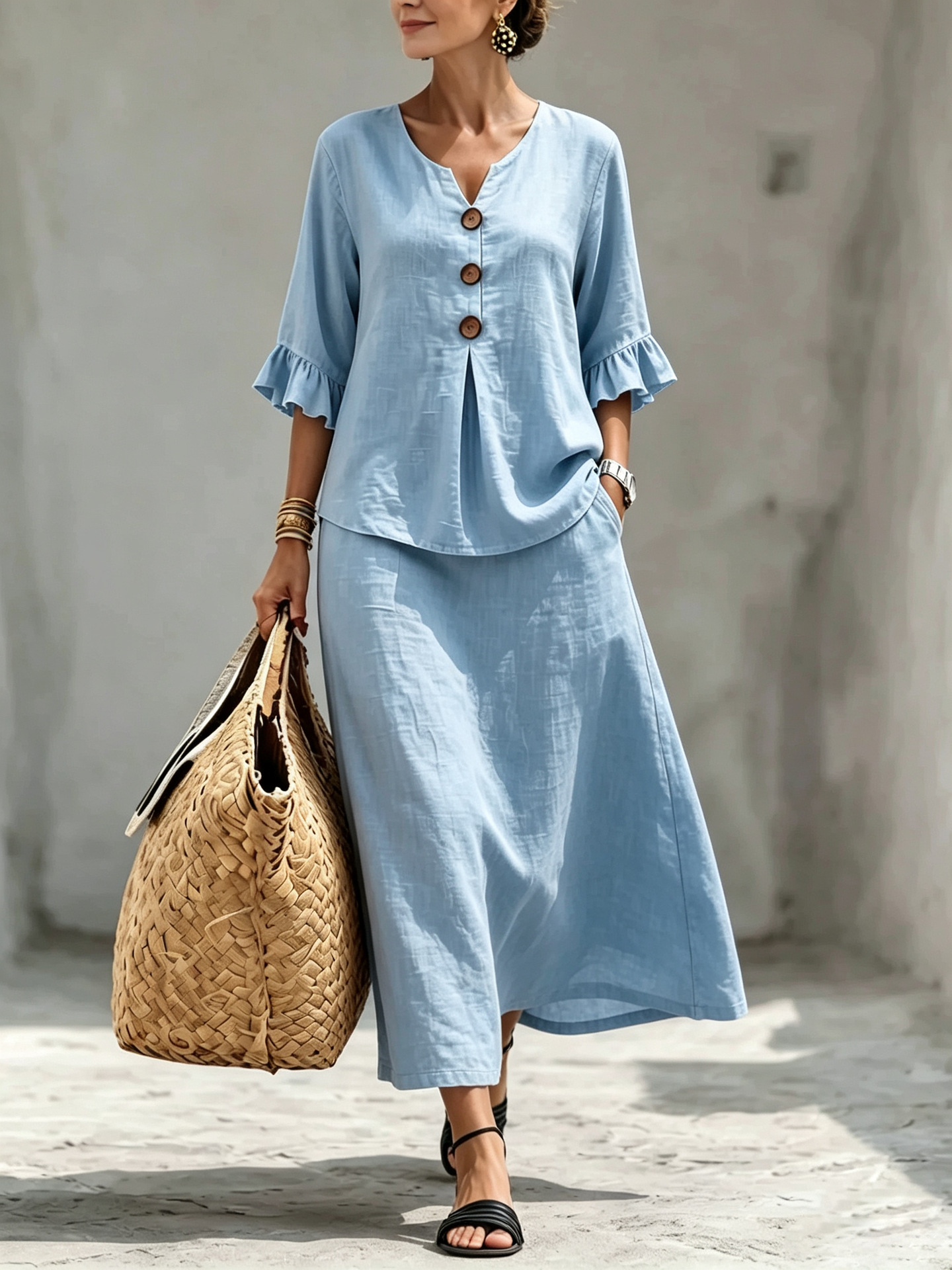 Women's Solid Button V-Neck Ruffle Three-Quarter Sleeve Top and Skirt Set
