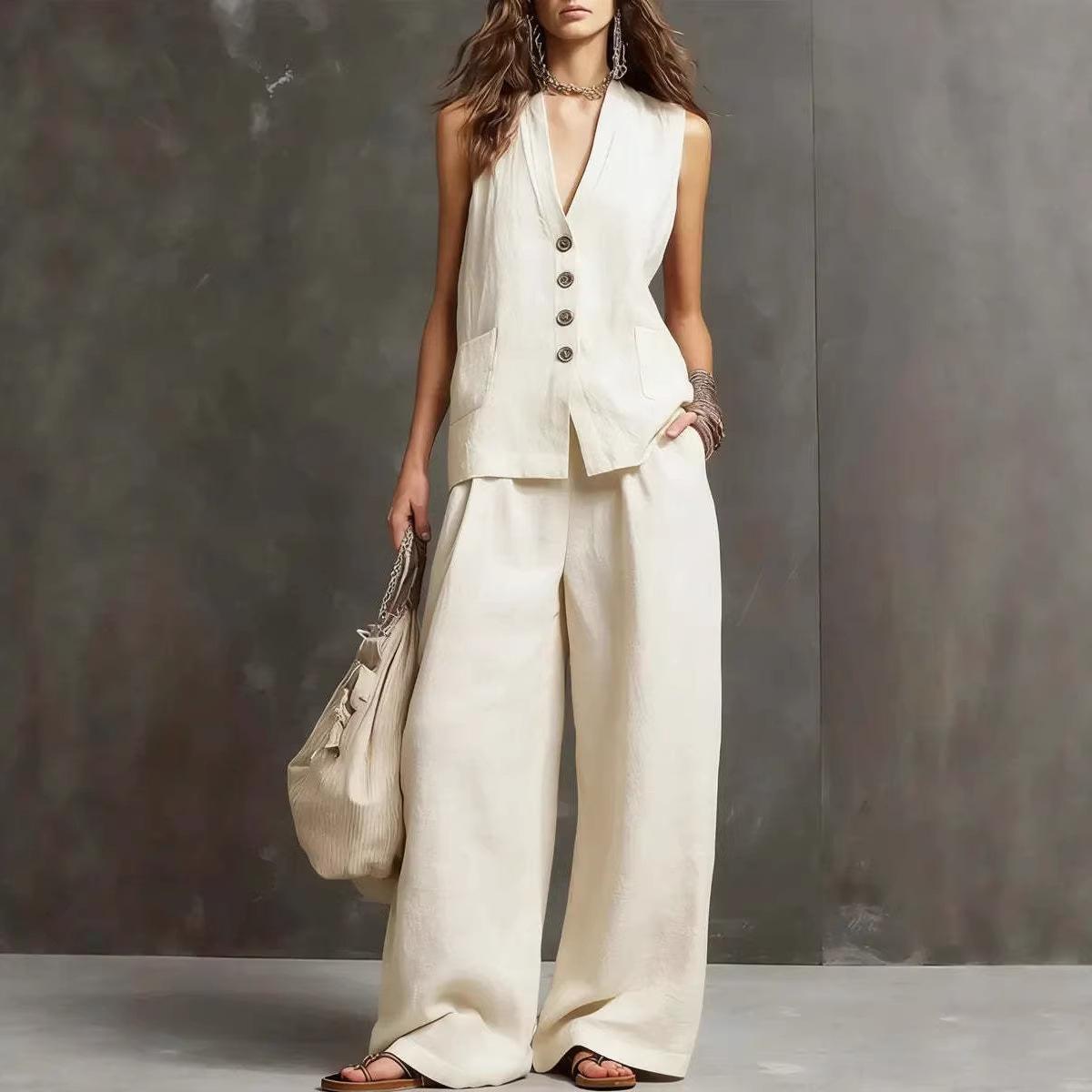 Women's V-Neck Button Vest & Wide-Leg Pants Cotton Blend Set
