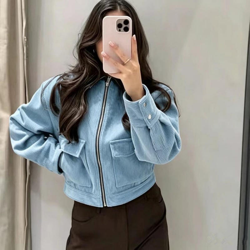 Corduroy Paneled Faux Leather Collar Jacket Women's Casual