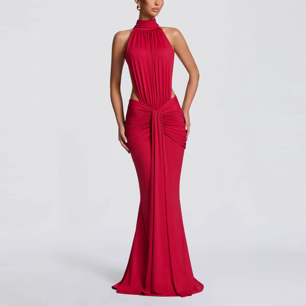 Women's Halter Neck Ruched Bodycon Maxi Dress High Neck Open Back Evening Gown