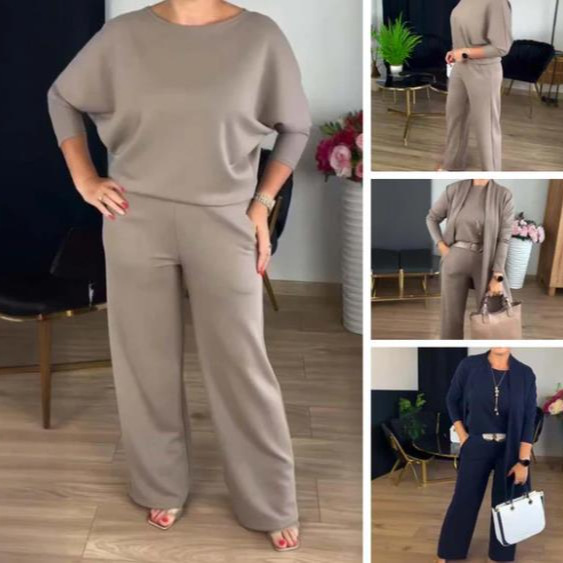 Women's Solid Color Elegant Commuter Long Sleeve Cardigan Hoodie Wide Leg Pants 3-Piece Set