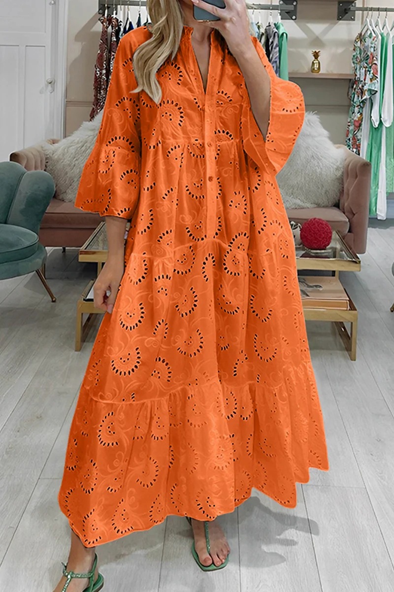 V-Neck Bell Sleeve Lace Hollow Out Solid Long Dress