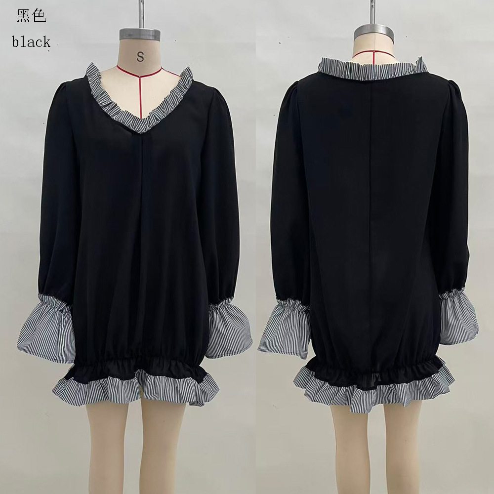 Black Ruffle-Trim A-Line Midi Dress Long Sleeve