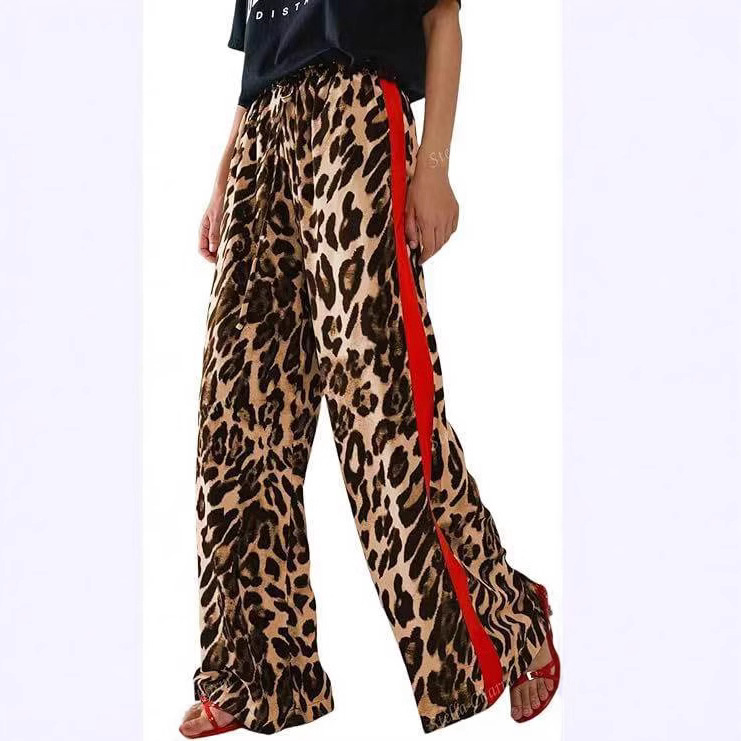 Leopard Print Patchwork Wide-Leg Casual Pants