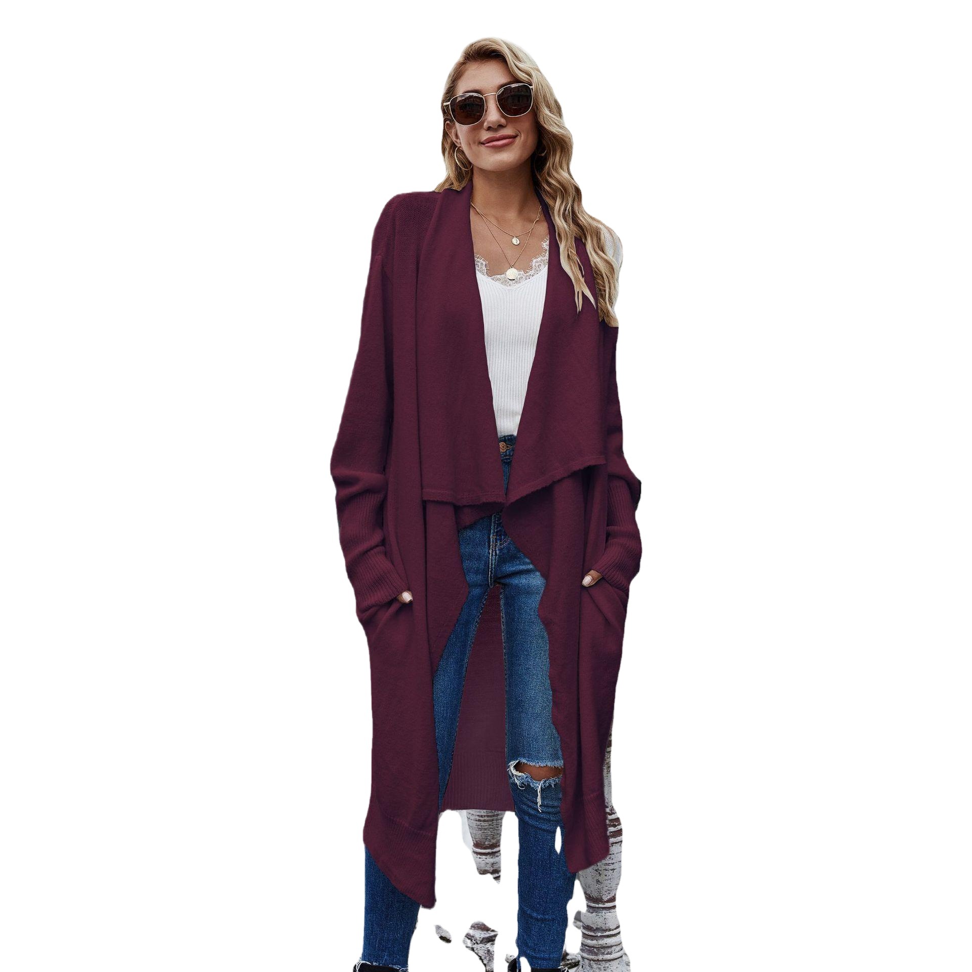 Plus Size Long Knit Cardigan Open Front Batwing Sleeve Hollow Out Solid