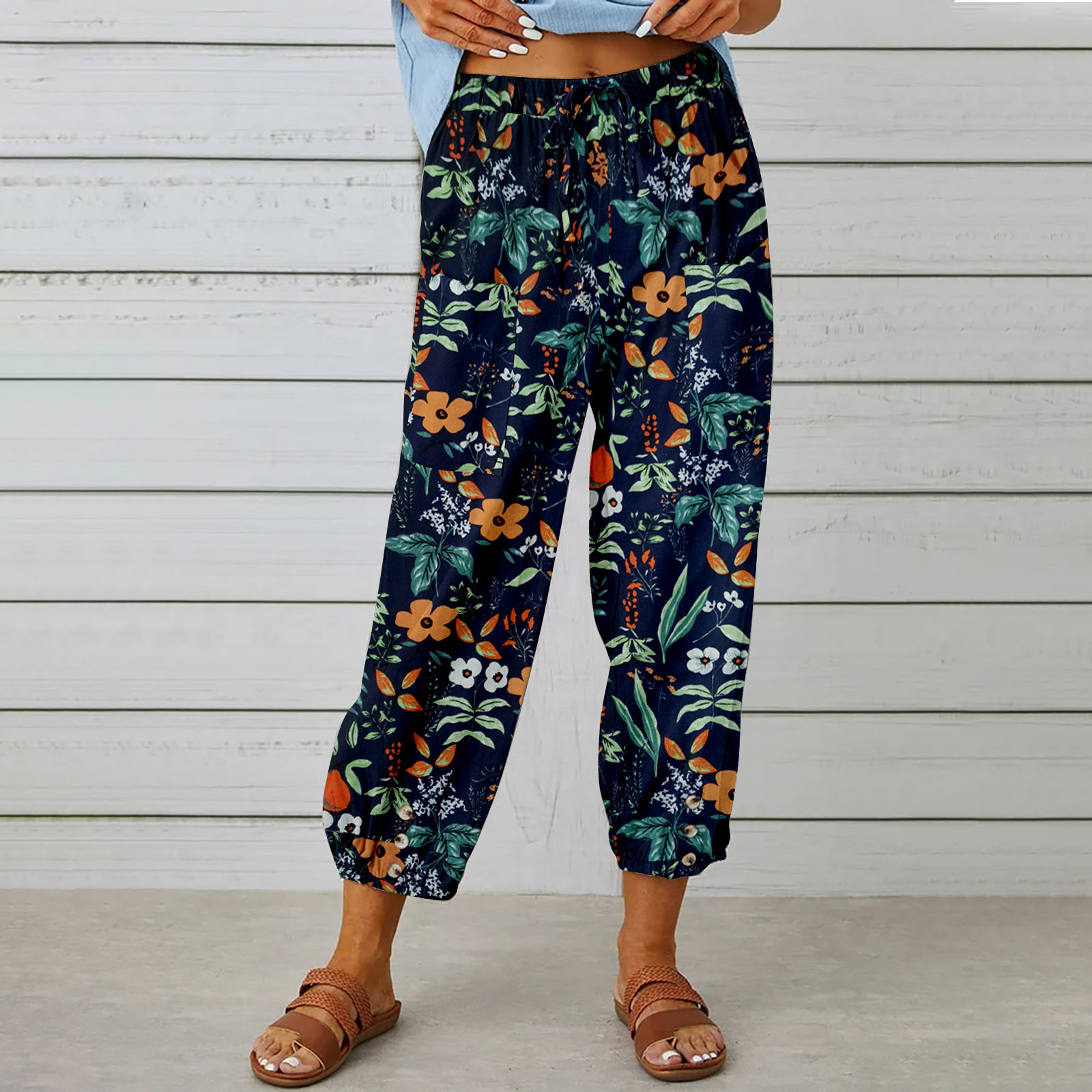 Cotton-Linen High-Waist Drawstring Cropped Pants with Vintage Print