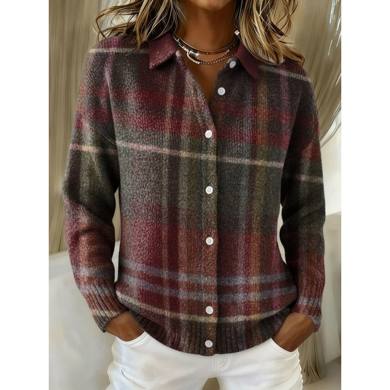 Women's Collared Button-Front Cardigan Sweater, Solid 3D Print Knit, Loose Fit